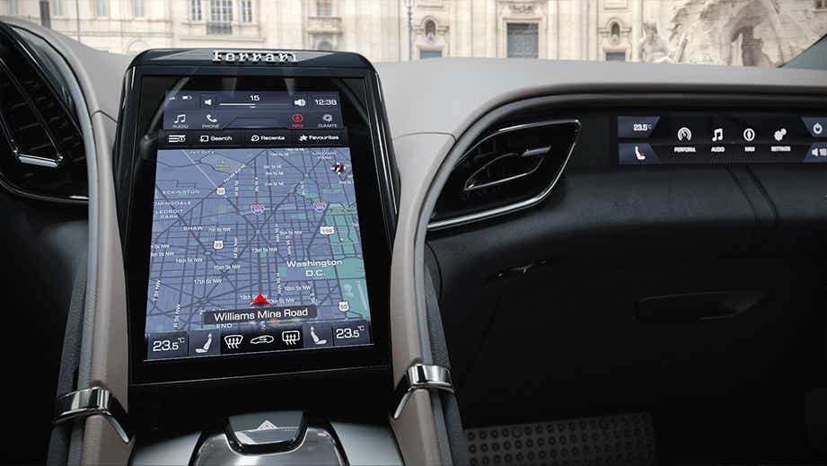 interior dashboard and infotainment screen of a Ferrari Roma