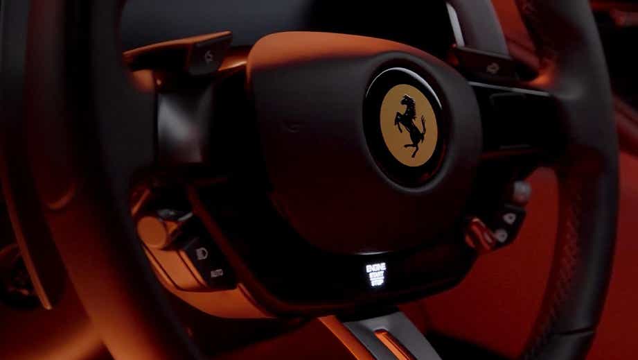 Steering wheel close-up of a Ferrari Roma