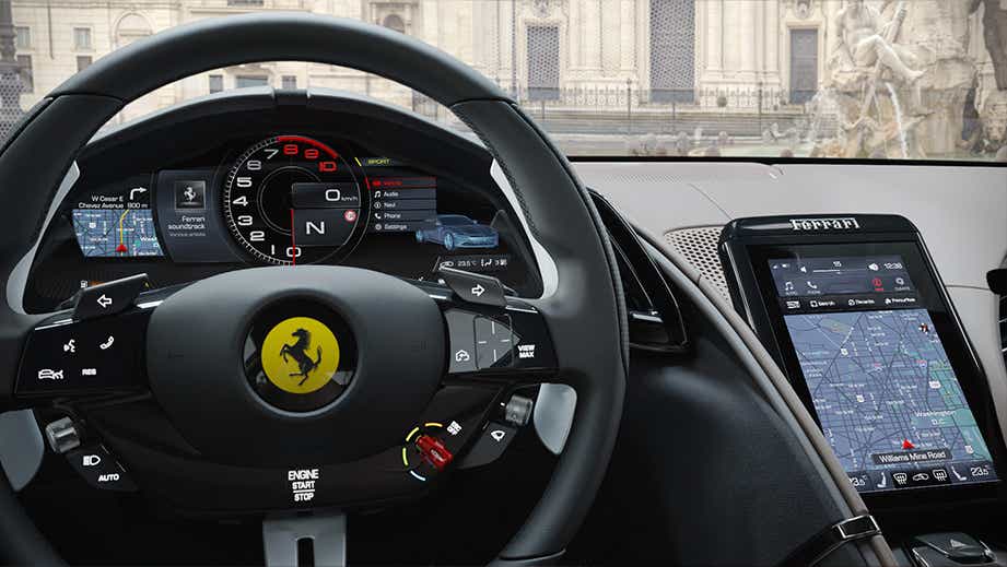 Interior dashboard view of a Ferrari Roma