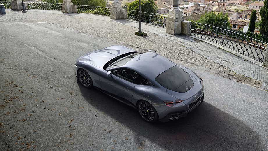 rear three-quarter of a Ferrari Roma