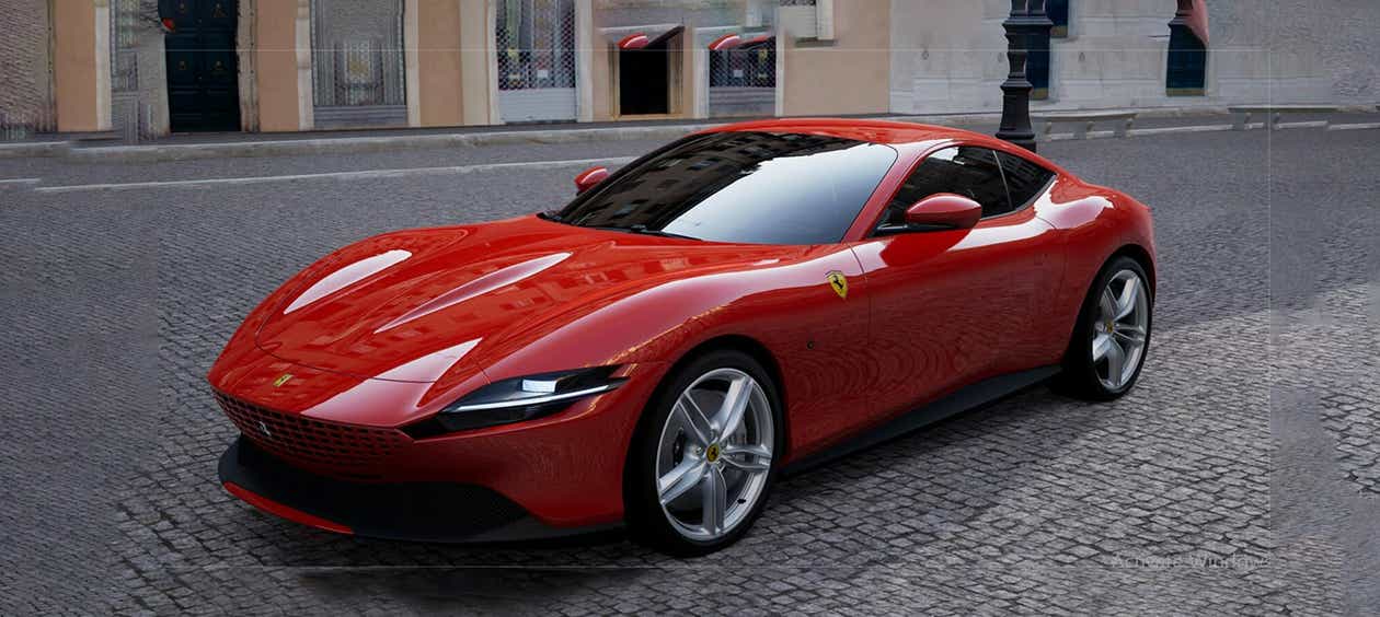 front three-quarter view of a Ferrari Roma