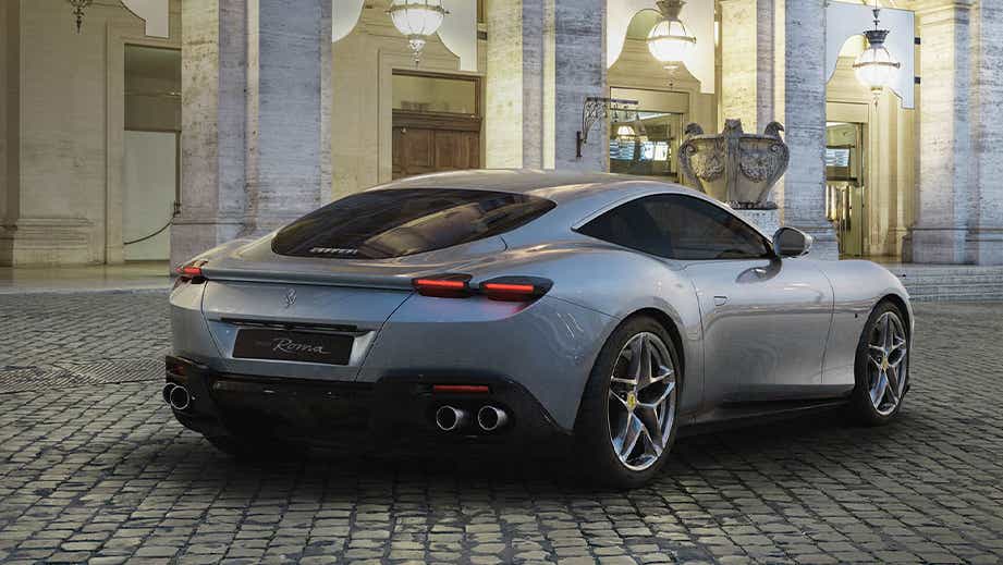 rear three-quarter view of a Ferrari Roma