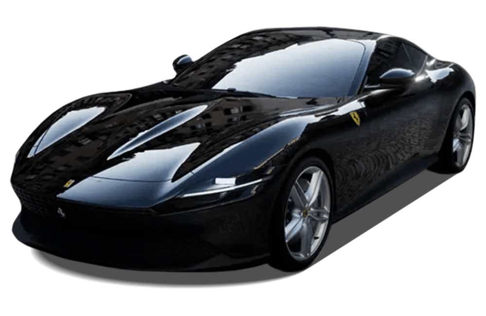 front three-quarter view of a Nero Ferrari Roma