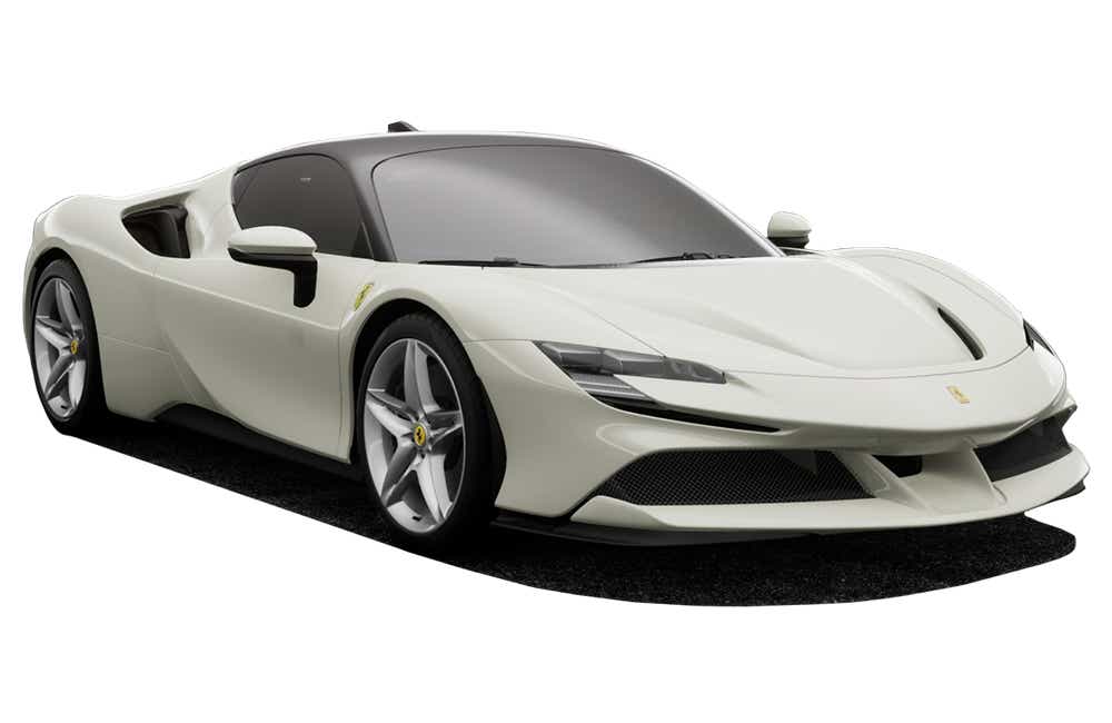 front three-quarter view of a Bianco Avus Ferrari SF90 Stradale