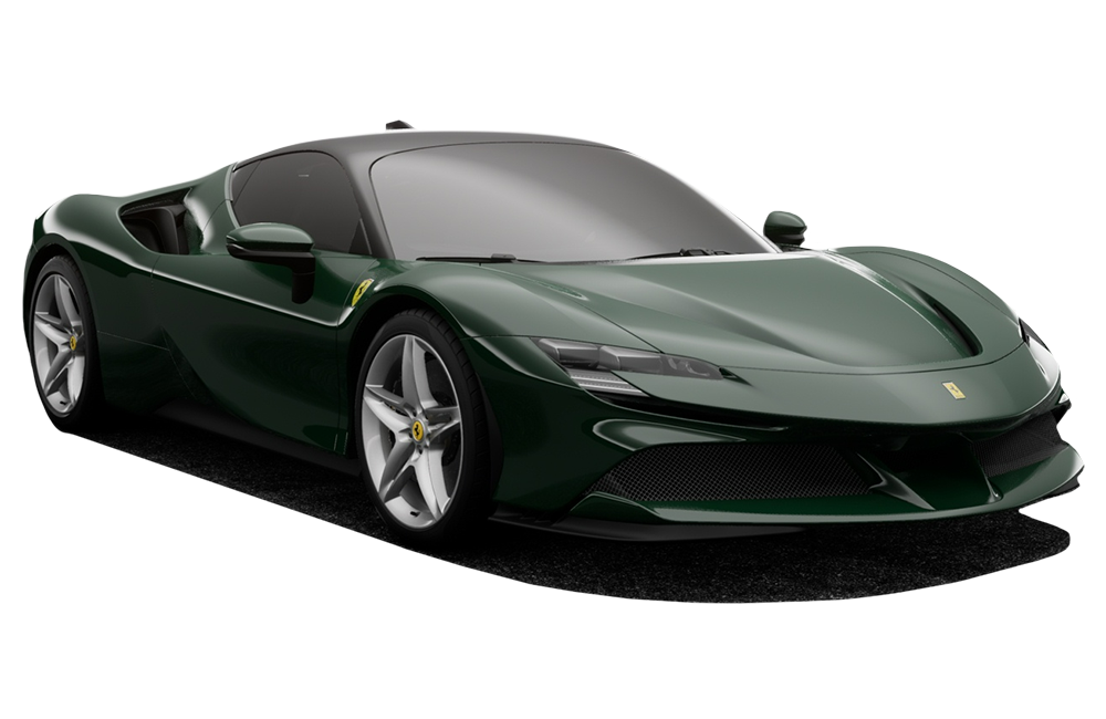 front three-quarter view of a Verde British Ferrari SF90 Stradale