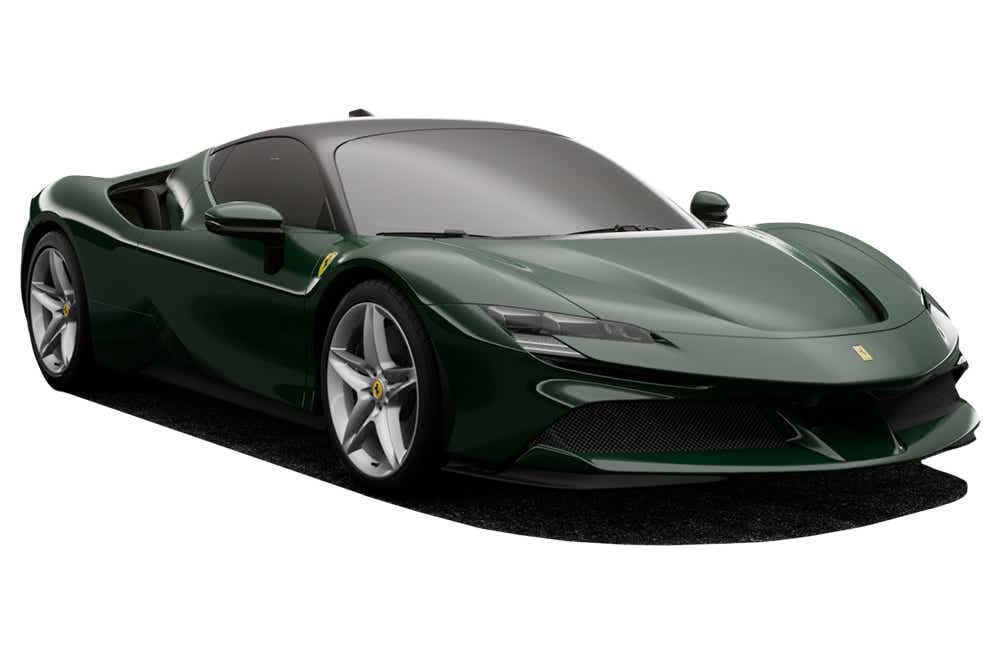 front three-quarter view of a Verde British Ferrari SF90 Stradale