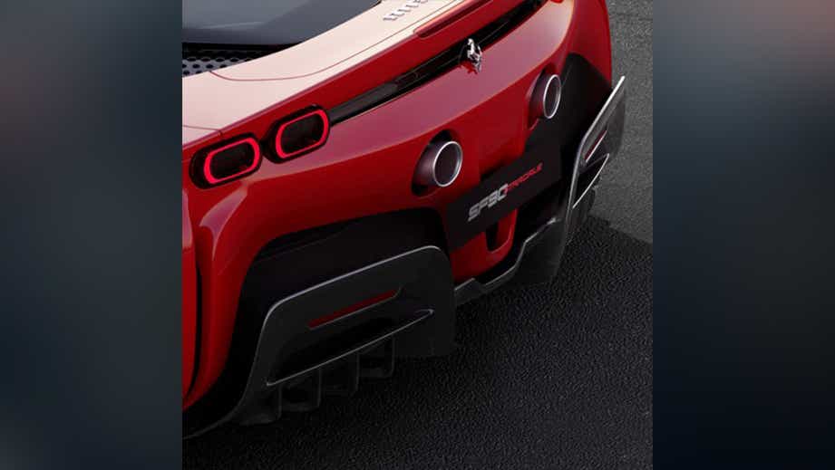 Rear close-up of a Rosso Corsa Ferrari SF90 Stradale