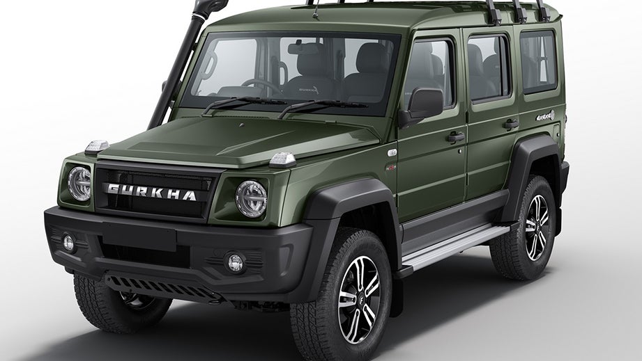 front three-quarter view of a Green Force Gurkha 5-Door