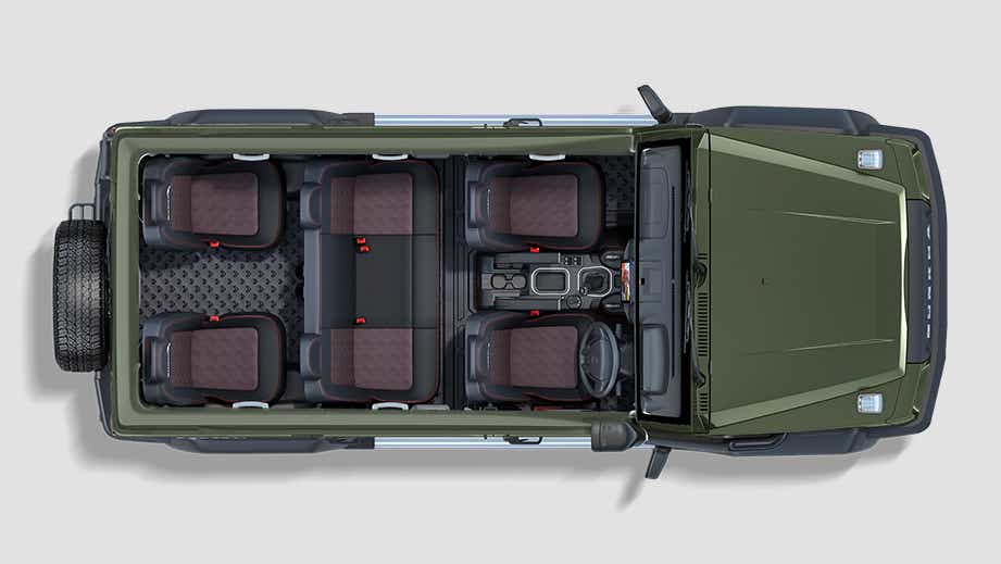 top view of a Force Gurkha 5-Door interior and seating layout