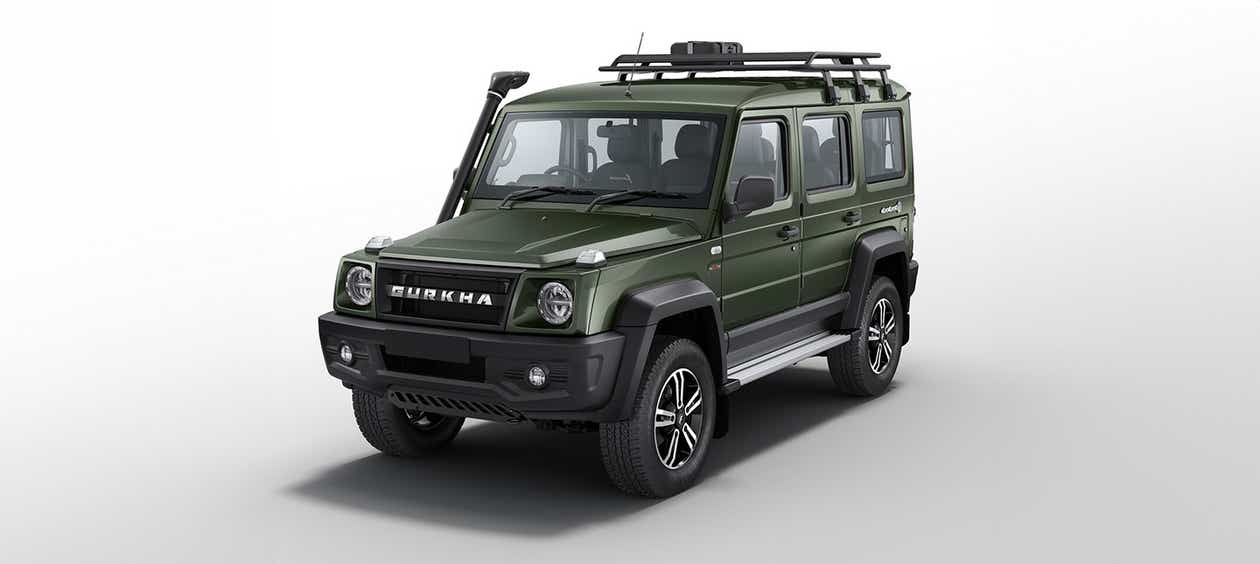 front three-quarter view of a Green Force Gurkha 5-Door