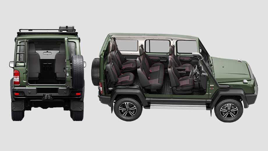 side and rear views of a Force Gurkha 5-Door with interior seating visible