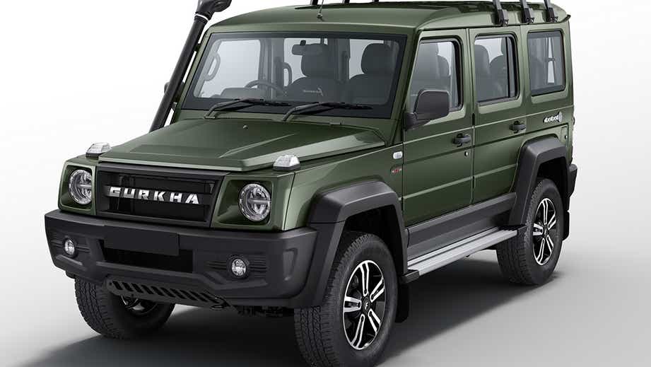 front three-quarter view of a Green Force Gurkha 5-Door