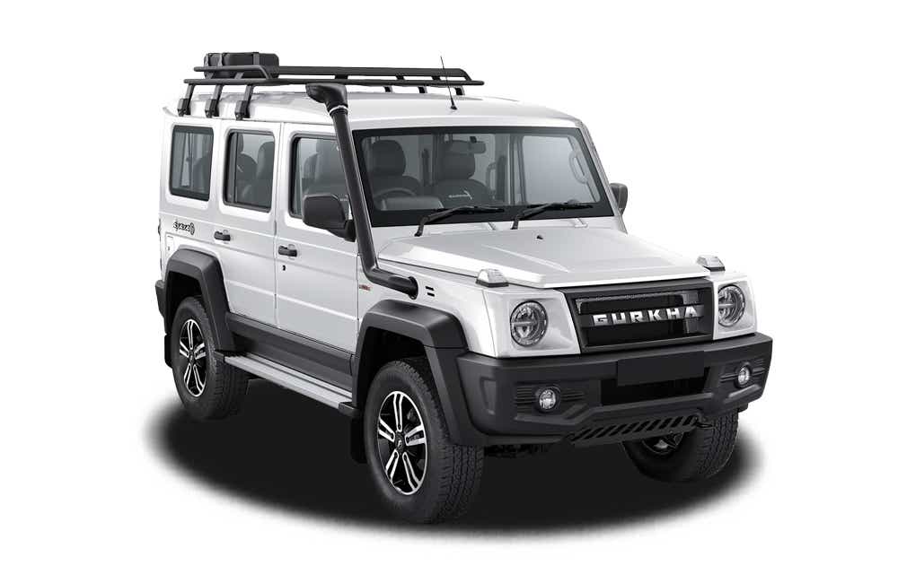 front three-quarter view of a White Force Gurkha 5-Door