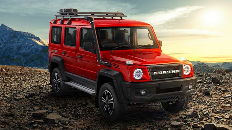 Front three-quarter view of a Red Force Gurkha 5-Door