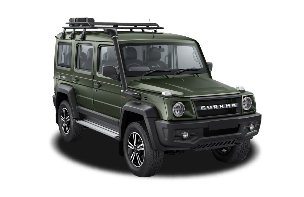 front three-quarter view of a Green Force Gurkha 5-Door