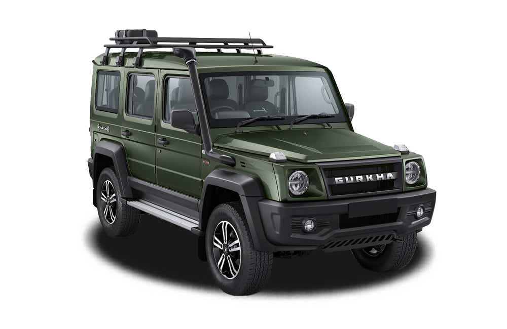 front three-quarter view of a Green Force Gurkha 5-Door