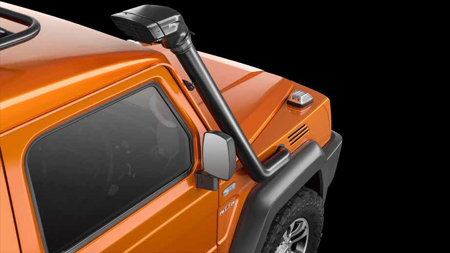 Front left fender and snorkel view of a Orange Force Gurkha