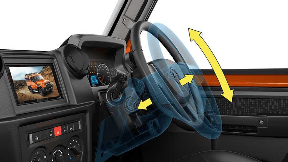 Steering wheel adjustment feature of a Force Gurkha interior dashboard