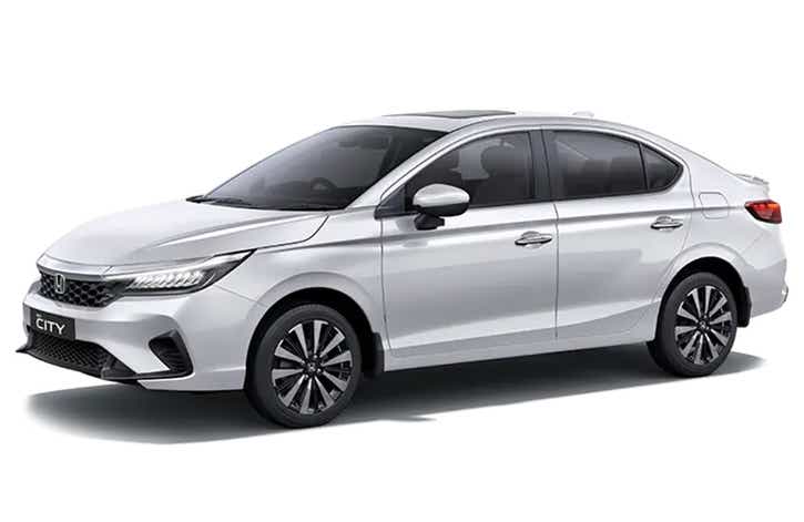 front and side view of a Platinum White Pearl Honda City sedan