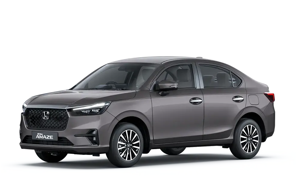 front and side view of a Meteoroid Grey Metallic Honda Amaze