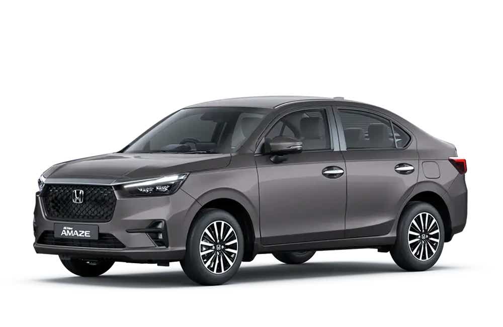 front and side view of a Meteoroid Grey Metallic Honda Amaze