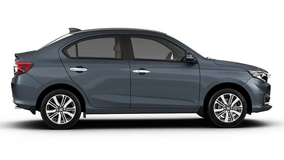 side view of a Meteoroid Grey Metallic Honda Amaze 2022-2023