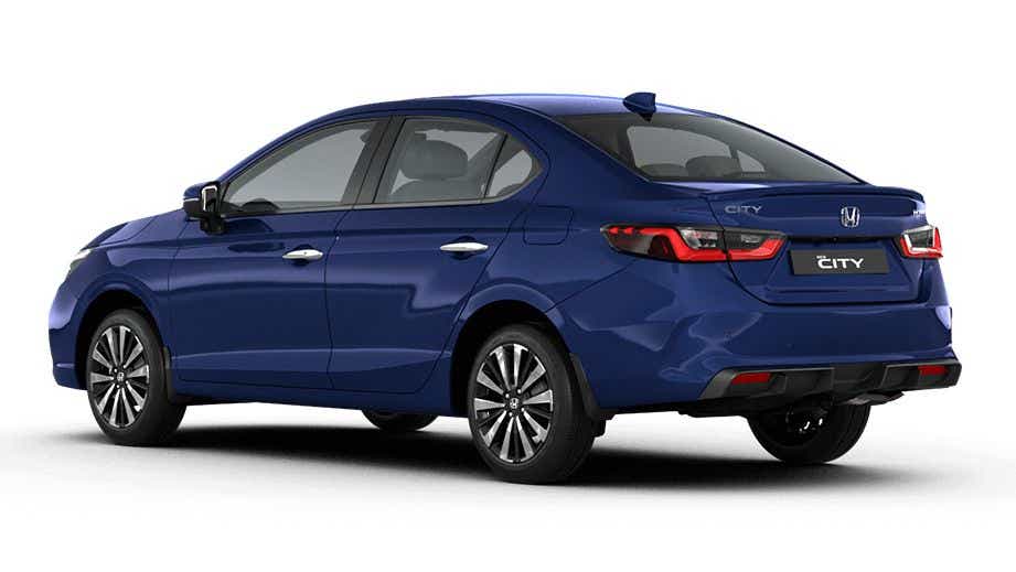 rear three-quarter view of a Obsidian Blue Pearl Honda City