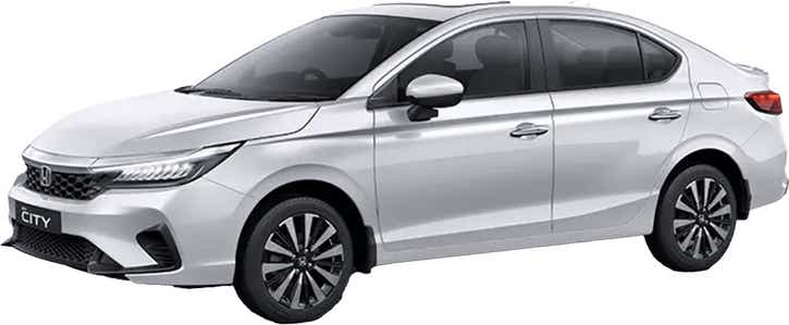 front three-quarter view of a Platinum White Pearl Honda City Hybrid
