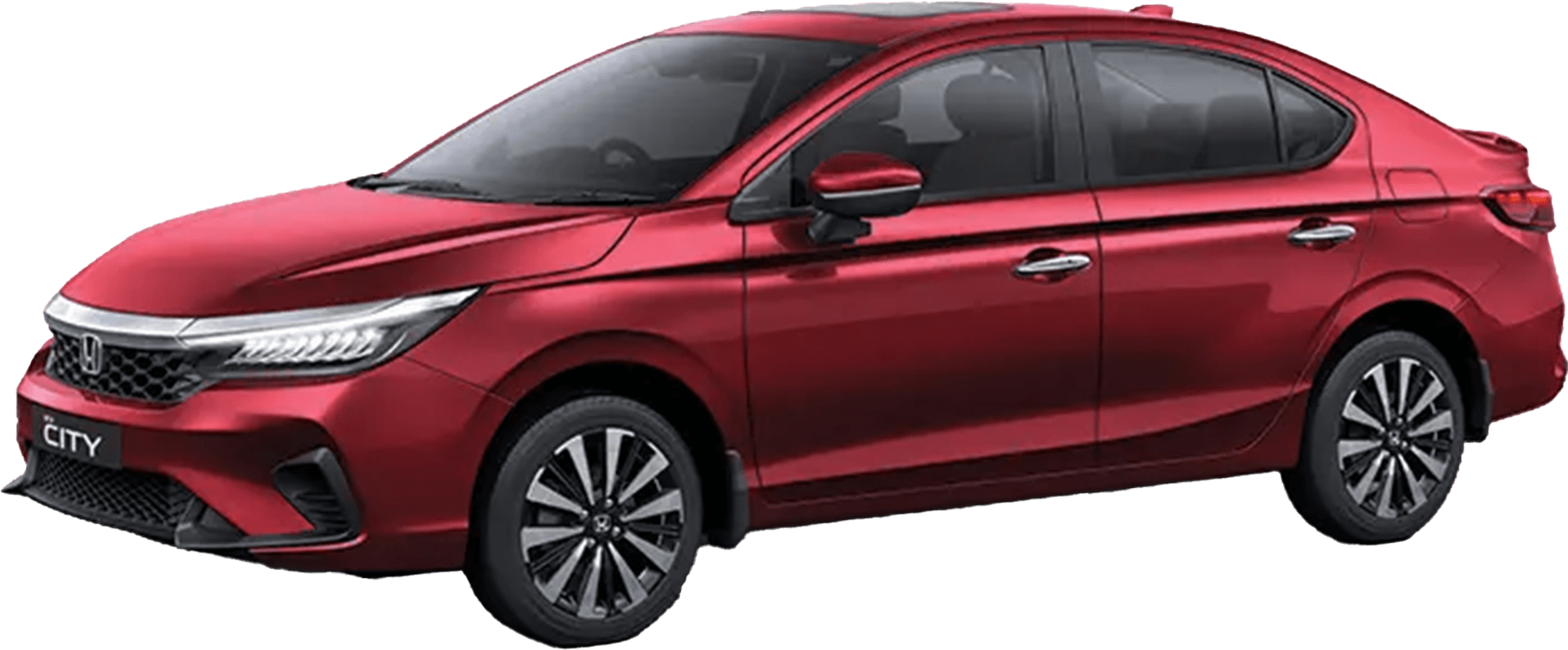 front three-quarter view of a Radiant Red Metallic Honda City Hybrid