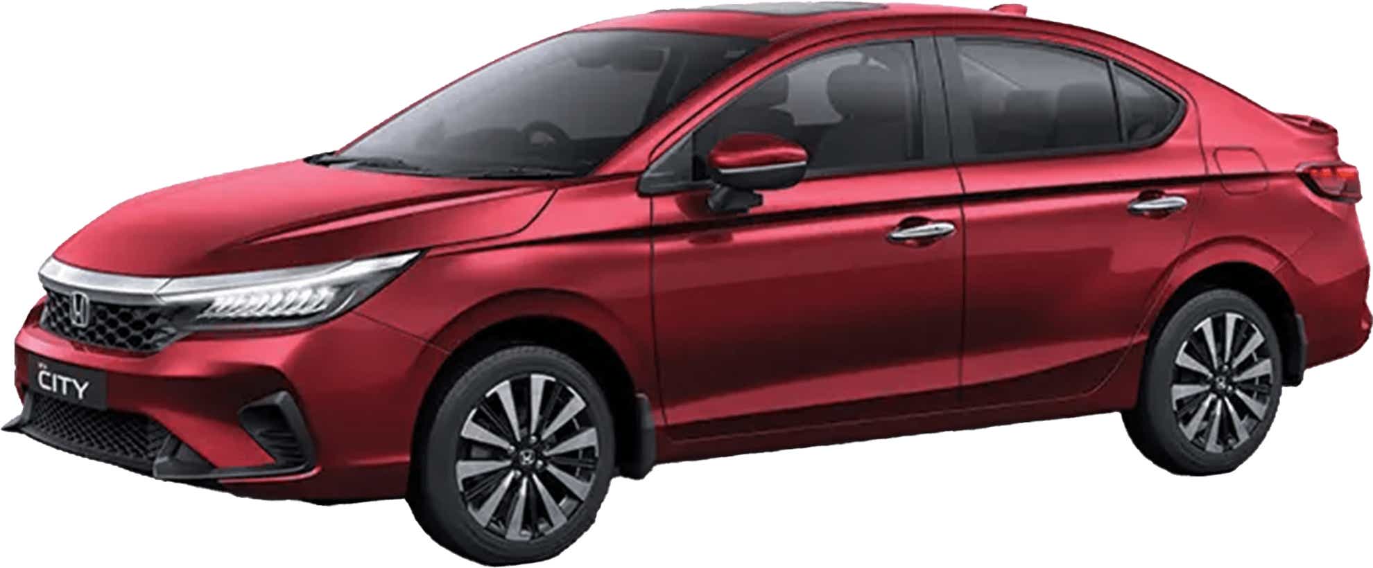 front three-quarter view of a Radiant Red Metallic Honda City Hybrid
