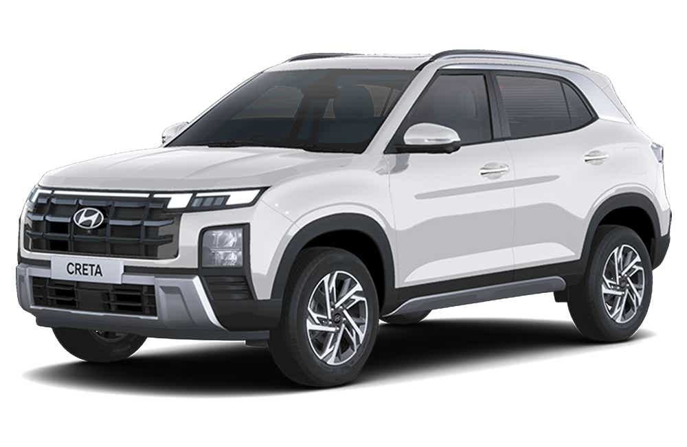 front three-quarter of a Atlas White with Abyss Black Hyundai Creta