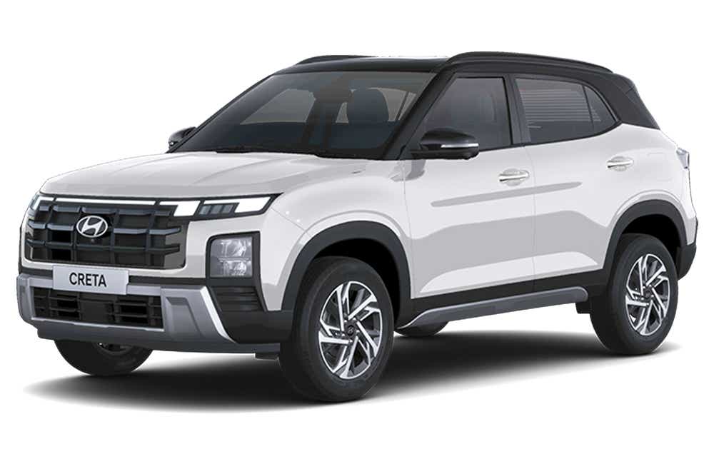 front three-quarter of a Atlas White with Abyss Black Hyundai Creta