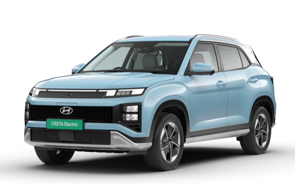 Front three-quarter view of a Ocean Blue Hyundai Creta Electric