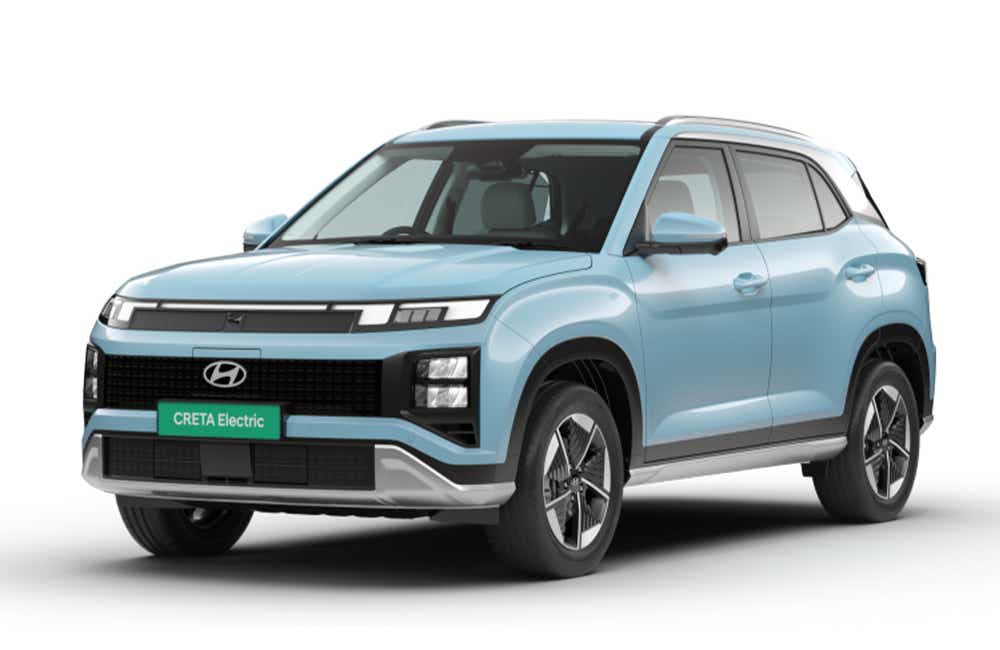 Front three-quarter view of a Ocean Blue Hyundai Creta Electric