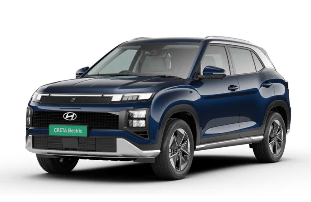 front three-quarter view of a Ocean Blue Hyundai Creta Electric