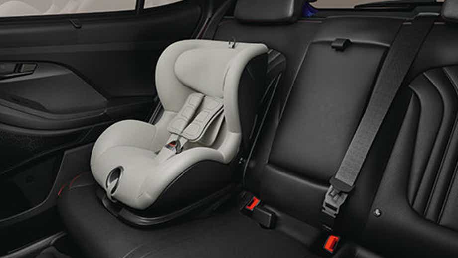 Rear seat with child safety seat in a Hyundai Creta N Line