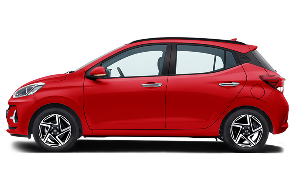 side view of a Fiery Red Hyundai Grand i10 Nios