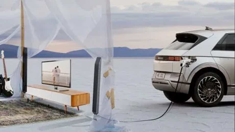 rear view of a Hyundai IONIQ 5 powering a home setup outdoors