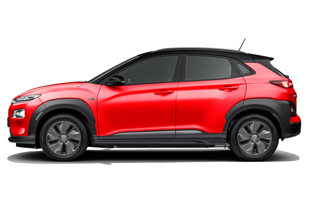 side view of a Fiery Red with Abyss Black Hyundai Kona Electric