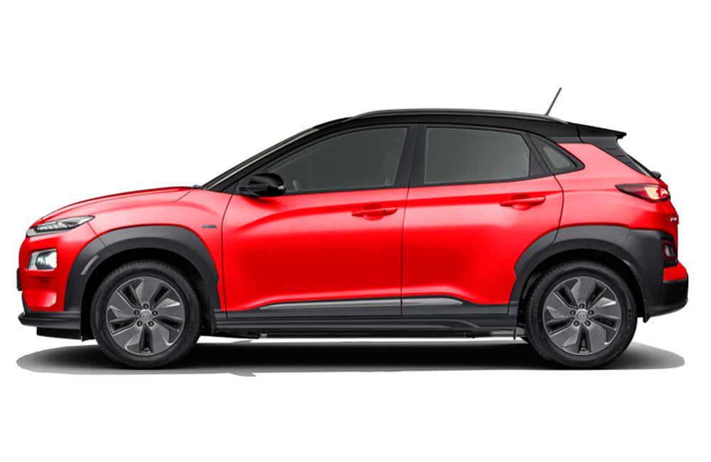 side view of a Fiery Red with Abyss Black Hyundai Kona Electric