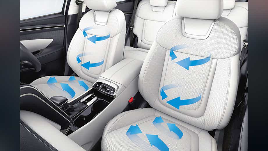 Front seats of a Hyundai Tucson interior showing ventilation airflow