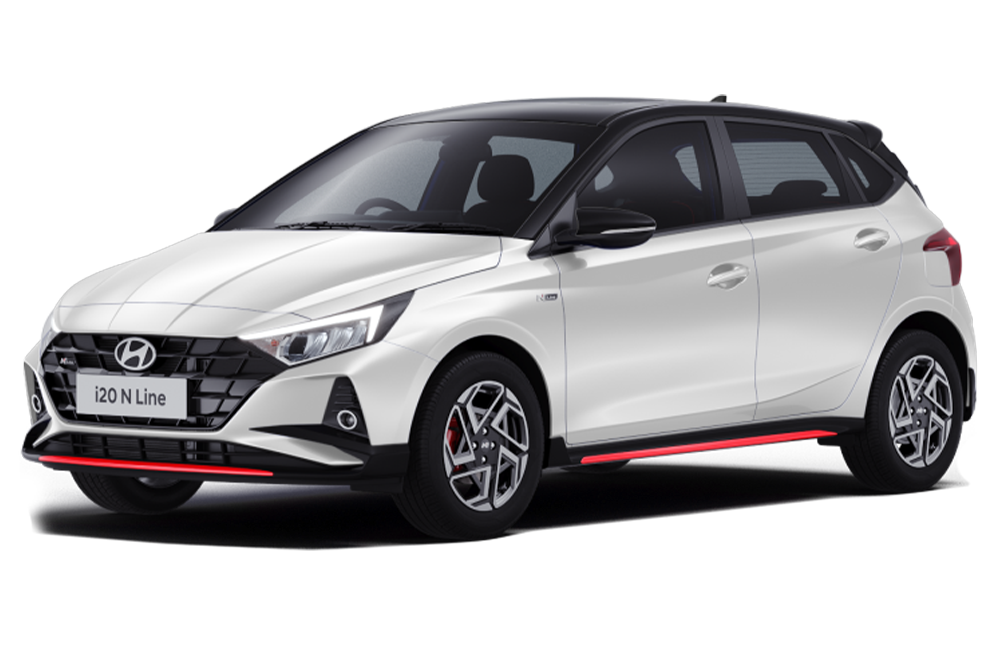front three-quarter view of a Atlas White With Abyss Black Hyundai i20 N Line