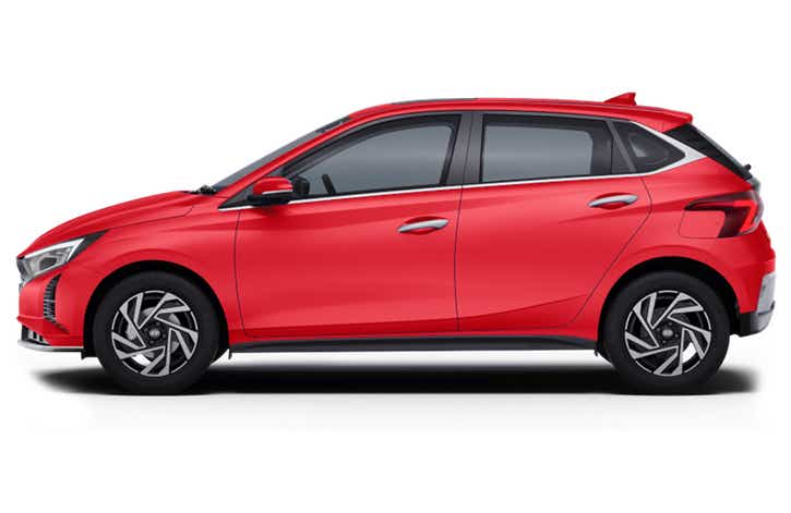 side view of a Fiery Red Hyundai i20