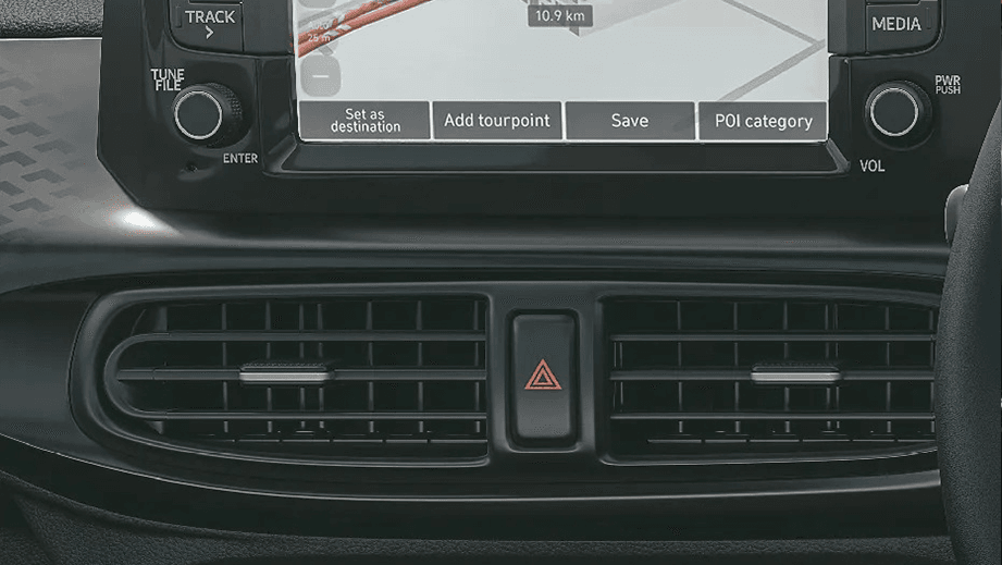 infotainment screen and dashboard air vents of a Hyundai Exter