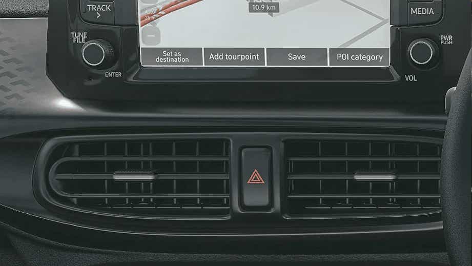 infotainment screen and dashboard air vents of a Hyundai Exter