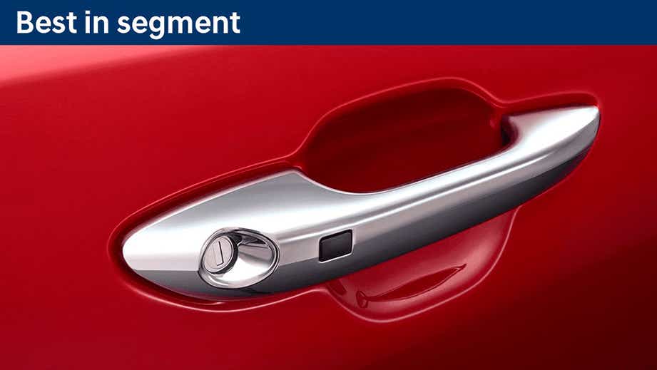 Door handle close-up of a Fiery Red Hyundai Grand i10 Nios