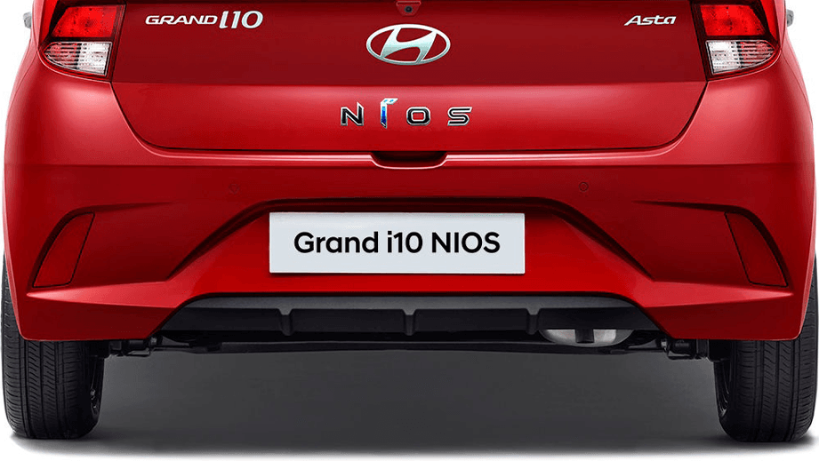 Rear view of a Fiery Red Hyundai Grand i10 Nios Asta