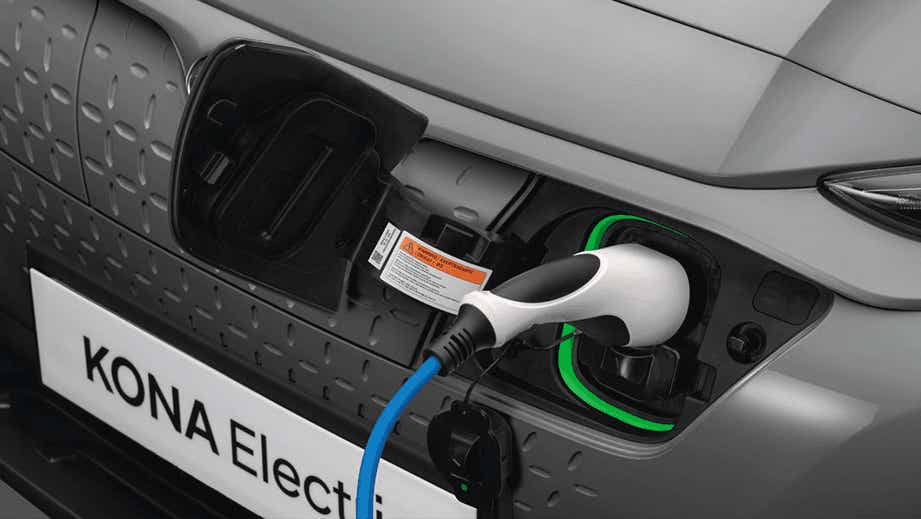 Charging port close-up of a Hyundai Kona Electric