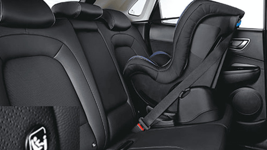 Rear seat view of a Hyundai Kona Electric with child seat installed