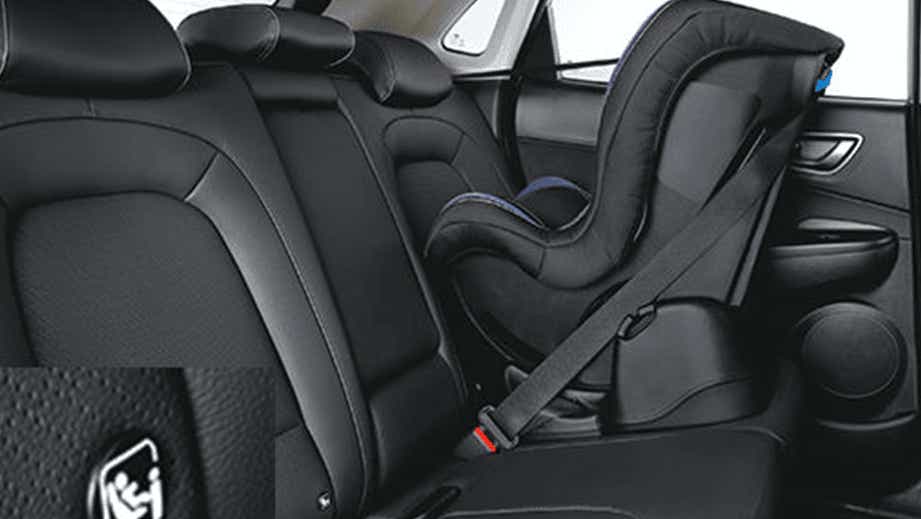 Rear seat view of a Hyundai Kona Electric with child seat installed